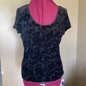 Armani Collezioni Black Floral Velvet Burnout Short Sleeve Top (Size 14)